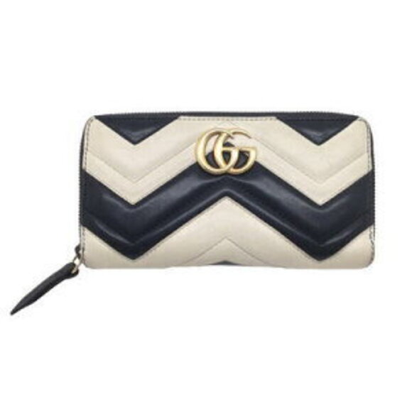 Gucci GG Marmont Zip Around Long Wallet Black White Leather - Picture 1 of 9